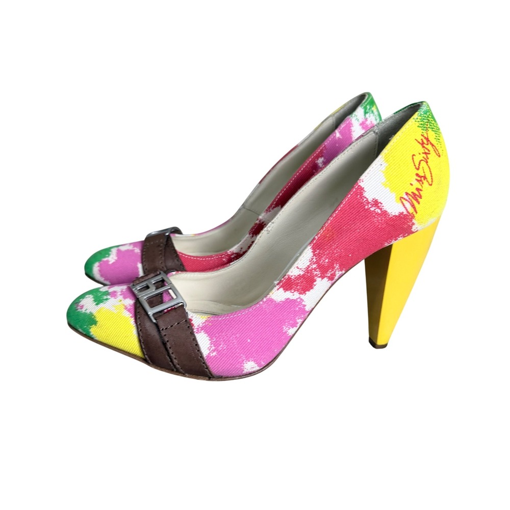 Miss Sixty Heels Y2K Artsy Italian Canvas Buckle Pointed Toe Size 7.5 Multicolor